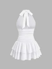 Sweetra Plus Size V-Neck Backless Ruffle Hem Knit Patchwork Bodycon Dress - White - View 2