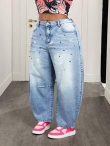 Slaydiva Quần jeans ống rộng dáng suông thoải mái, cỡ lớn, thời trang, đính đá quý nhiều màu sắc. - Rửa nhẹ - Xem 3