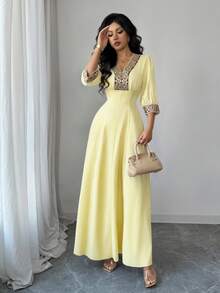 Elenzga 时尚女式杏色V领泡泡袖刺绣珍珠装饰修身中长连衣裙，适合日常穿着、婚礼、晚宴、通勤、毕业派对、节日、假期、约会、聚会、万圣节、圣诞节、新年、感恩节、婚礼等场合。 - 鵝黃色 - 查看 4