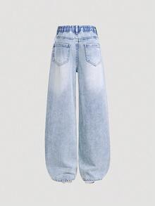 SHEIN Sparklyn Quần jeans ống đứng dáng rộng thoải mái màu xanh nhạt phối chỉ vàng thời trang cho bé gái, thích hợp cho các hoạt động thường ngày mùa xuân, thu, đông và ngoài trời. - Rửa nhẹ - Xem 2