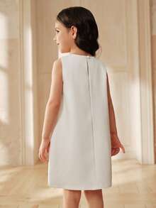 SHEIN Cute Young Girls White Sleeveless Polyester Dress With Black Bows Round Neck Short Length - Black and White - View 2