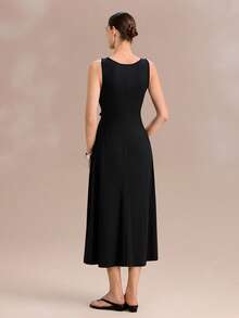 Uhlyne Women's Elegant Spaghetti Strap Waist Belt Midi Dress, Suitable For Dates, Commuting, And Street Style, Summer - Black - View 4
