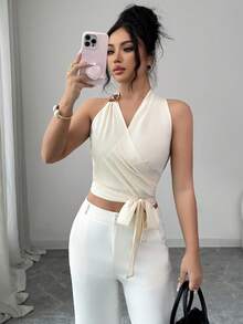 SHEIN Elenzya 1pc Tie Front Crop Halter Top - Apricot - View 7