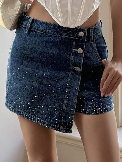 Women's Regular Mid-Waist Rhinestone Embellished Denim Shorts Jorts Summer