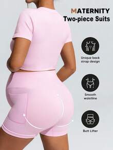 SHEIN Maternity Solid Color Round Neck Short Sleeve T-Shirt And Pocket Shorts Sports Suit,Word Cup - Pink - View 2