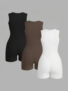 SHEIN EZwear 3件套无袖纯色方领修身连体衣 - 咖啡棕 - 查看 2
