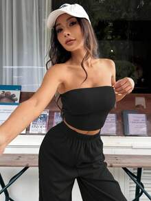 SHEIN EZwear Women's Spring/Summer New Knit Casual Sports Tube Top And Pants Set Black Two Piece Strapless Comfortable - Black - View 6