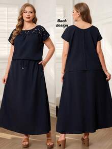 EMERY ROSE 2pcs Set Plus Size Women's Summer Casual Navy Blue Lace Trim Back Design Shirt Top And Long Skirt Two Pieces Set With Pockets, Tea Party Holiday Outfits - Navy Blue - View 2