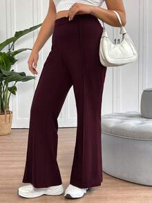 SHEIN Tall CURVE 大码女士简约日常喇叭裤套装 - 紫紅色 - 查看 4