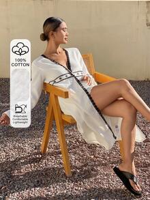 DAZY Bata de mujer de longitud media con encaje y bloques de color - Blanco - Ver 3
