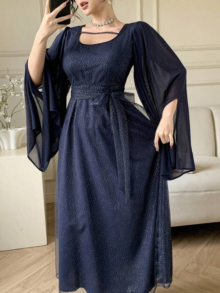 Spring & Summer Shiny Rhinestone Blue Batwing Sleeve Mesh Splice Valentines Day Wedding Party Banquet Gown, Fashion Party Waist Tie Elegant Office Dress For Women Sundress