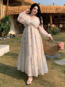Plus Vestido de mujer de talla grande con estampado de dibujos animados, volantes en la cintura, estilo de vacaciones, vestido largo de verano/primavera, vestido bohemio - Albaricoque - Ver 8