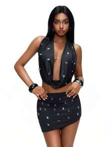 TypaGal Y2K Sexy Summer Black Stylish Chic Bold Modern Women's Fashion Carnival Party Beach Vacation Street Casual  Irregular Hem  Diamond Metal Chain Decoration  Two-Piece Outfits  For Evening And Night Out Black Two Piece Set Women Sexy Vacation Dress Two Piece Skirt Set - Black - View 6