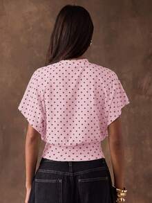 SHEIN BAE 女士波点印花收腰T恤，夏季时尚 - 淺粉色 - 查看 2