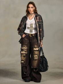ROMWE Grunge Punk Camisa oversize vintage de cuadros a patchwork con remaches, bolsillos y puños - Multicolor - Ver 3