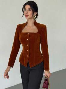 Firerie Elegant Coffee Brown Polyester Top With Unique Square Neck And Long Regular Sleeves Featuring Button Details - Coffee Brown - View 6