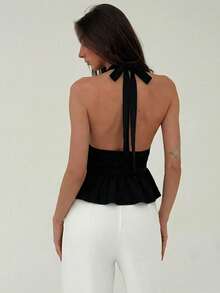 Aloruh Women's Solid Color Halter Tie Rivet Decor Sexy Versatile Casual Top - Black - View 3
