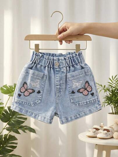 SHEIN Vintaside Kids Baby Girls' Casual Loose Butterfly Print Washed Denim Shorts, Elastic Waist Design, Lightweight Soft Cotton Denim Fabric, Fashionable Must-Have Item For Girls, Suitable For Spring/Summer Wear, Versatile For Daily Outfit, Outing, Party, 2026 Spring/Summer New Arrival