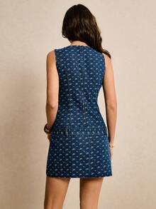 Poéselle Women's Denim Dress, Sleeveless Fitted Short Dress, Mini Dress, Yintao Embroidered Pattern Dress, Autumn Dress, Winter Dress, Fashionable Street Wear, Date Wear, Party, Music Festival, Y2K, Elegant Party, Christmas Party - Blue - View 2