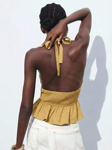 Maija Tank Top Wanita Kasual Warna Polos dengan Hem Bergelombang dan Punggung Terbuka, Musim Panas - Kuning - View 2