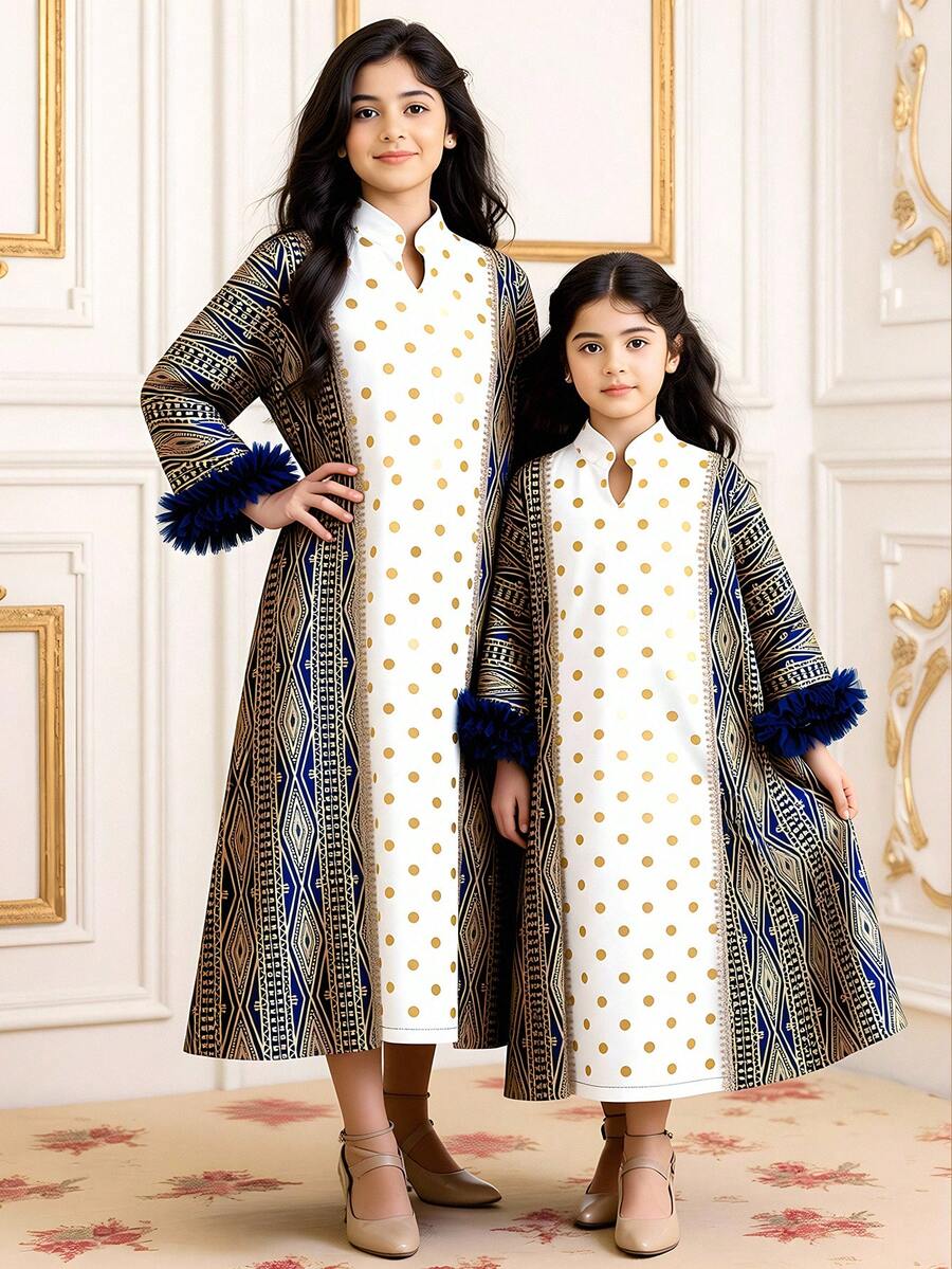 Youth Girls Royal Blue Vacation Dress Long Length A Line With Geometric Pattern Three Quarter Sleeves Notched Neck And Button Front - Royal Blue - View 1