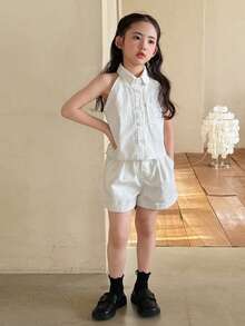 DAZY Bộ đồ mùa hè cho bé gái, kiểu dáng đơn giản, màu trơn, không tay và quần short denim rộng rãi, thích hợp đi làm hàng ngày. - trắng - Xem 4