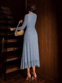 Modelyn Đầm xòe thanh lịch màu mơ dành cho nữ, thiết kế ren, thích hợp cho đi chơi, hẹn hò, dự tiệc, chiều dài ngang gối. - Xám Xanh - Xem 2