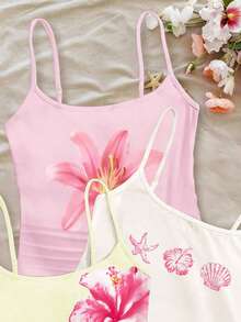 3pcs/Set Chill Vacation Tropical Hibiscus, Frangipani, Starfish & Seashell Beach Themed Fitted Racerback Crop Tops For Teens, White, Light Pink, Cream - Multicolor - View 5