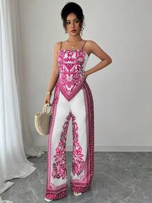 Elenzga 女士优雅时尚通勤休闲舒适音乐节度假波西米亚风无袖吊带露背系带上衣和阔腿印花裤两件套 - 粉色 - 查看 6