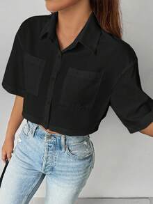 Chiquease Women's Casual Solid Color Front Button Short Sleeve Cropped Shirt, Summer - Black - View 3