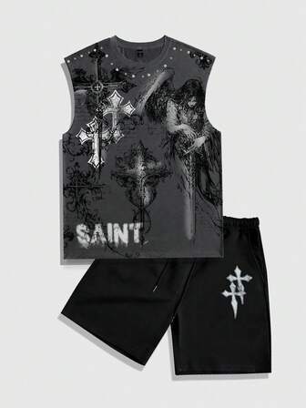 2 pezzi/Set Canotta e Pantaloncini Casual Stile Y2K da Uomo, Nuova Collezione /Estate 2026