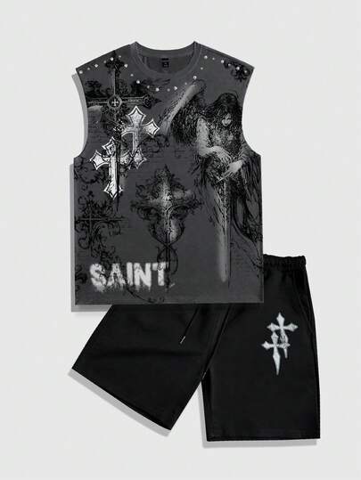 ROMWE MEN 2pcs/Set Men's Casual Y2K Style Tank Top And Shorts Set, New Spring/Summer 2026 Collection