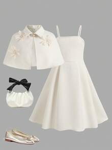 SHEIN Tween Girl Elegant Solid Color Floral Decor Shawl & Sleeveless Party Dress Set - Apricot - View 3