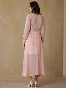 BELROSIE Elegant Women's Chiffon Crinkle Fabric V-Neck Frill Trim Loose Belted Blouse Paired With Elastic Waist A-Line Skirt, 2 Pieces Set - Pink - View 6