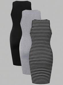 Modmama Maternity Solid Color + Striped Print Fitted Sleeveless Dress - Black - View 2
