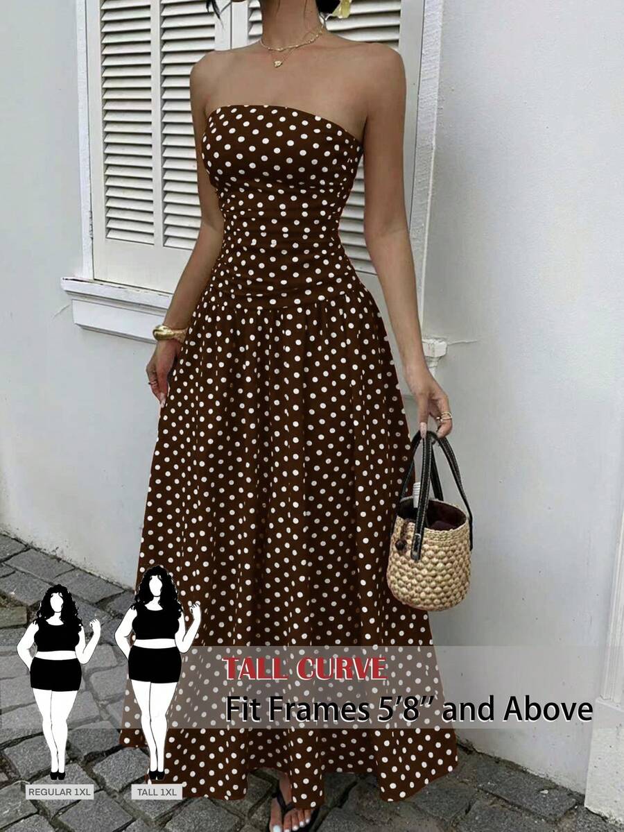SHEIN Tall CURVE Vestido de verano con estampado de lunares, sin tirantes y ajustado para tallas grandes - Marrón - Ver 1