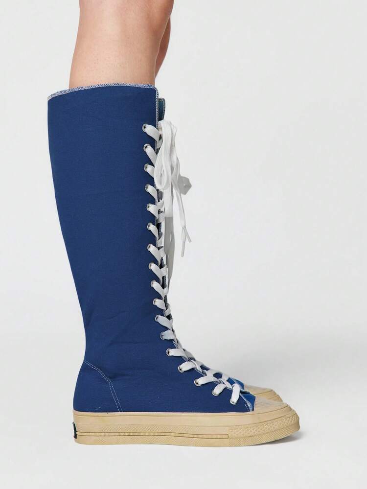 ROMWE Kawaii 女士系带过膝长靴，时尚百搭，适合日常穿着 - 藍色 - 查看 4