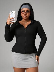 SHEIN Sports 女士加大码纯色长袖拉链修身运动夹克 - 黑色 - 查看 5