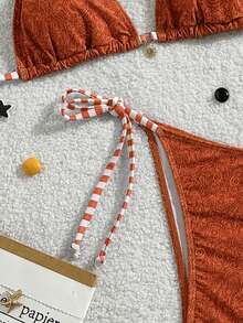 Swim Mod Women Spring Break Casual Sports Beach Strap Pattern Bikini Set - Orange - View 5
