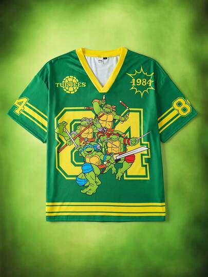 TEENAGE MUTANT NINJA TURTLES | SHEIN Men's Casual Loose Knit Colorblock Sports Style Graphic V-Neck Short Sleeve T-Shirt