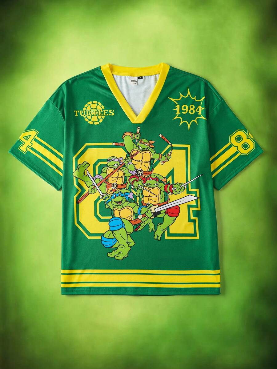 TEENAGE MUTANT NINJA TURTLES | SHEIN Men's Casual Loose Knit Colorblock Sports Style Graphic V-Neck Short Sleeve T-Shirt - Green - View 1