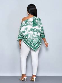 SOLERSUN Blusa de manga larga con cuello asimétrico, bajo asimétrico y estampado de color albaricoque para mujer de talla grande. Diseño con hombros oblicuos, mangas divididas y estilo suelto. Estampado vintage de puesta de sol. Versátil para uso diario, salidas y vacaciones de lujo tranquilo. - Verde Oscuro - Ver 3