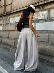 Coolane Women's  Summer Party/Graduation/Casual/Vacation/Street Style/Y2K/Fashionable/Vintage Solid Color Casual Hippie Street Oversized Iight Khaki Pants, Pleated Pants, Baggy Pants, Pinstripe Pants - Grey - View 3