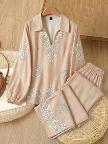 Rusticease Women's Floral Print Lantern Sleeve Top And Wide Leg Pants Casual Outfit - Apricot - View 1