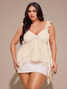 SHEIN BAE Plus Size Women Asymmetrical Ruffle Hem Camisole Top, Pink - Apricot - View 1