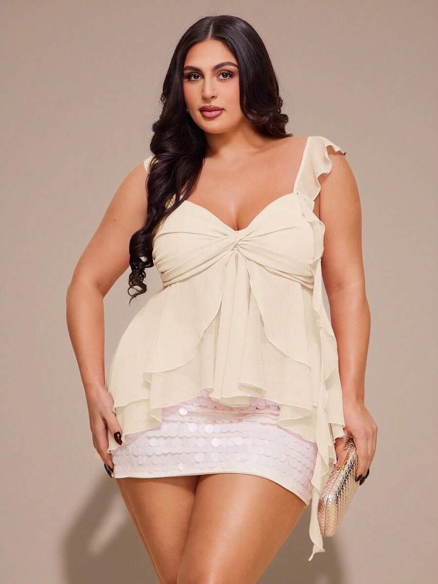 SHEIN BAE Plus Size Women Asymmetrical Ruffle Hem Camisole Top, Pink - Apricot - View 1