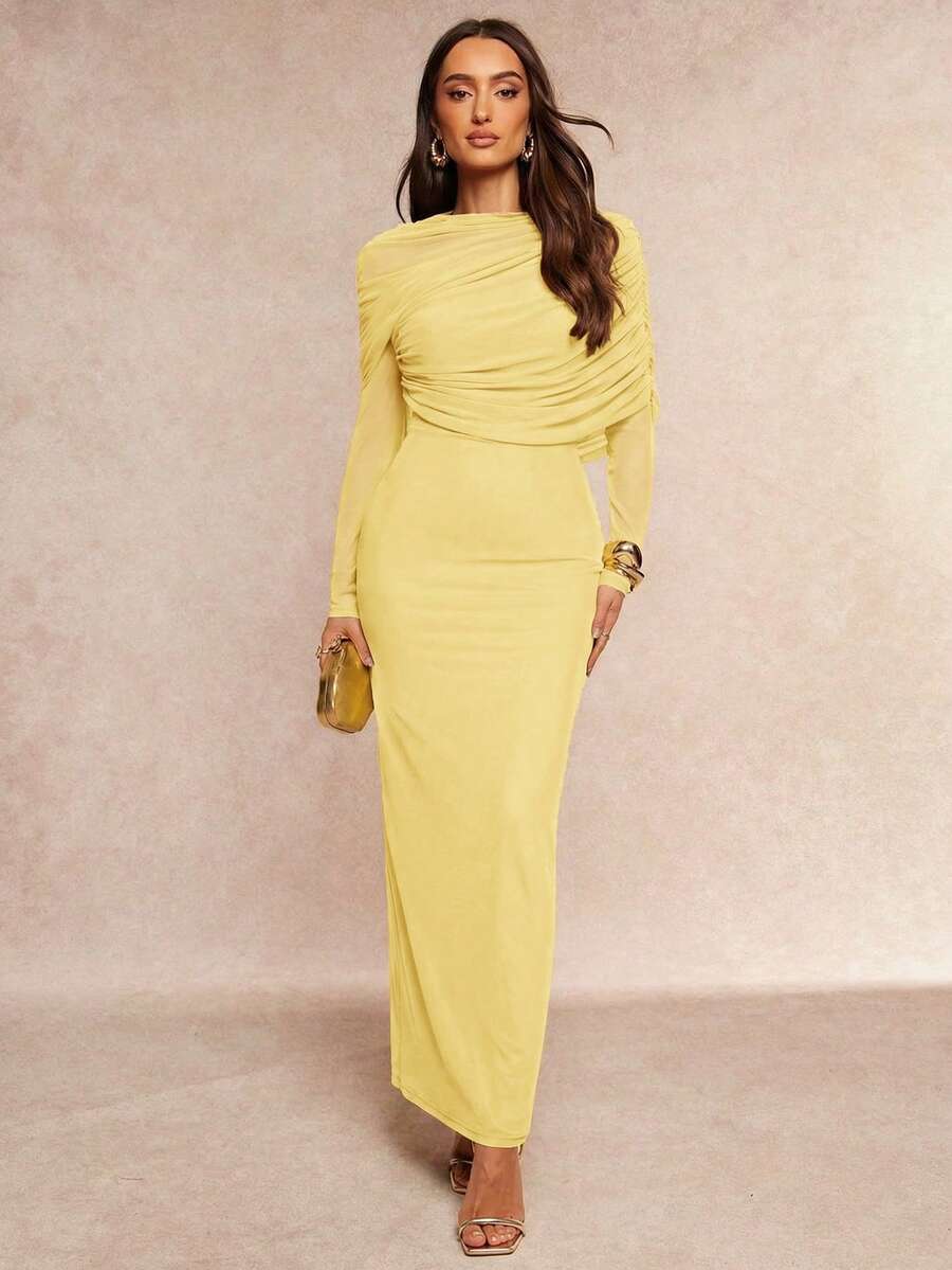 Silquee 优雅浪漫纯色荷叶边领不对称褶裥腰部长袖连衣裙 - 黃色 - 查看 1