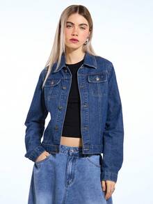 COUREZ Oversized Denim Jacket For Women,Navy Blue Autumn Casual Everyday Mid Blue Wash Y2K Spring Streetwear Street Party Rave Summer Jackets - Blue - View 2