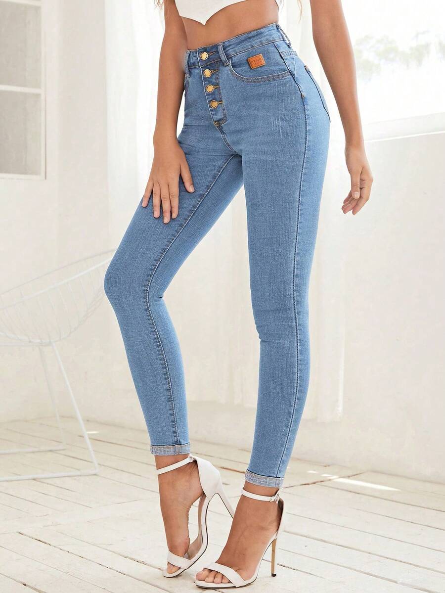 SHEIN Essnce بنطلون جينز عالي الخصر ضيق القصة، مريح للصيف، متعدد الاستخدامات للارتداء اليومي - أزرق فاتح - مشاهدة 1