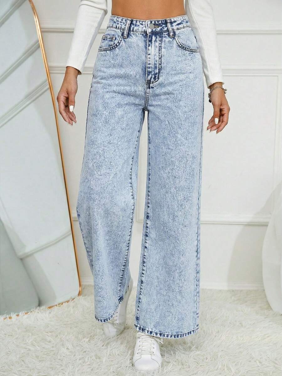 SHEIN Essnce 休闲直筒宽松百搭日常牛仔裤 - 淺色水洗藍 - 查看 1